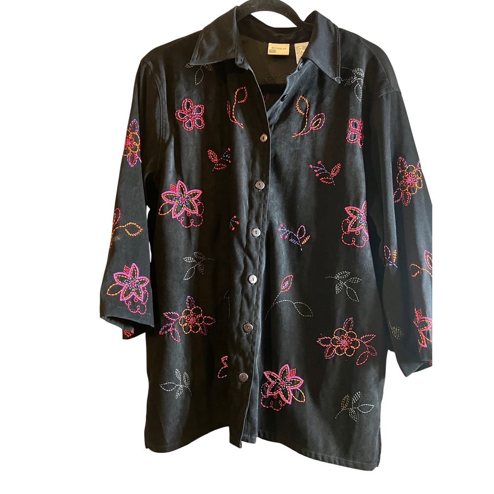 Grannycore Black Embroidered Floral Butterfly Button Down Shirt Jacket Large